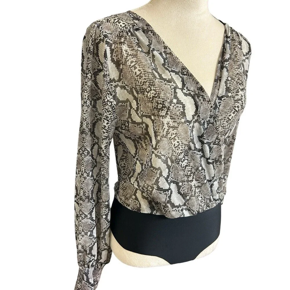Zara Womens Sheer  Brown Black Bodysuit Snake Print Chiffon Long Sleeves Top  M